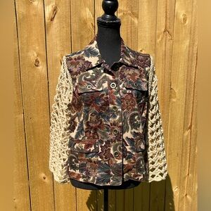 Jacket reworked/upcycled w/crocheted sleeves made by seller petite paisley
